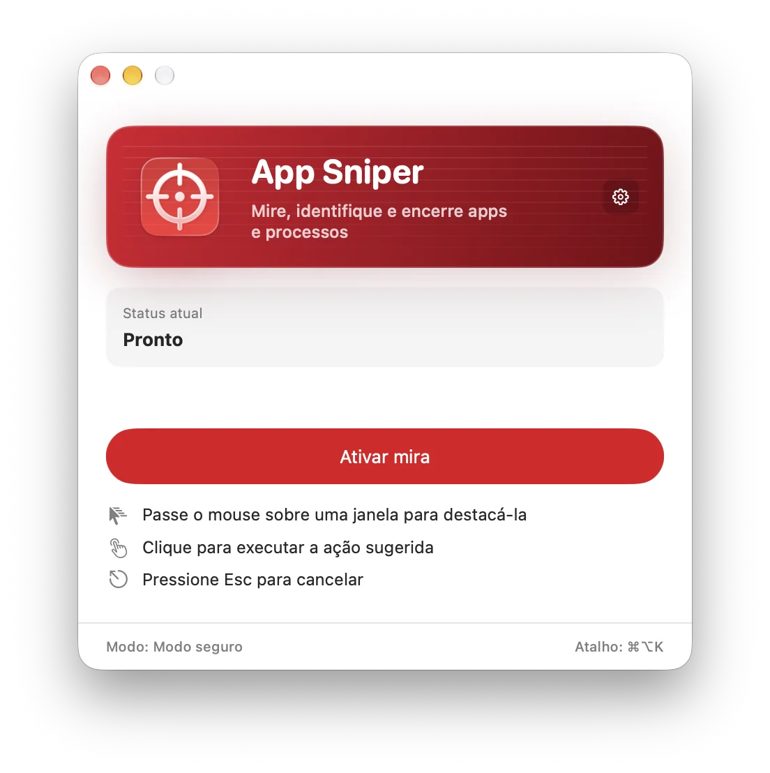 App Sniper on Mac: home screen and aim activation.
