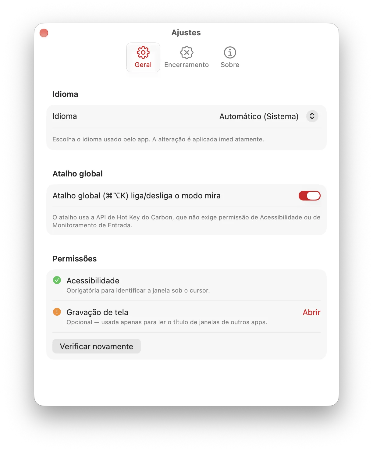 App Sniper on Mac: general settings and permissions.