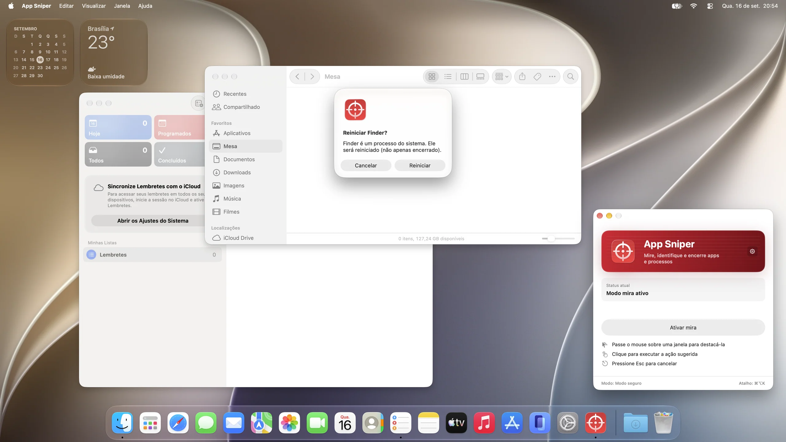 App Sniper on Mac: confirmation before restarting Finder.