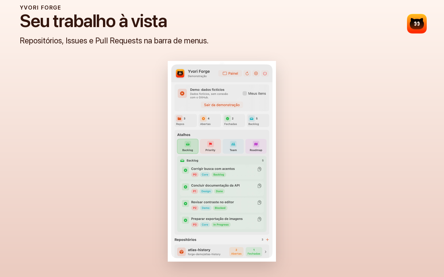 Demonstração ativa: barra de menus do Forge com resumo do repositório e itens de trabalho fictícios.