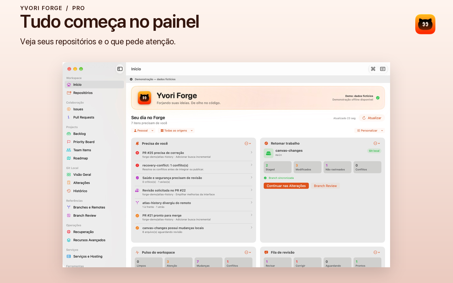 Demonstração ativa: dashboard do Forge com repositórios fictícios.