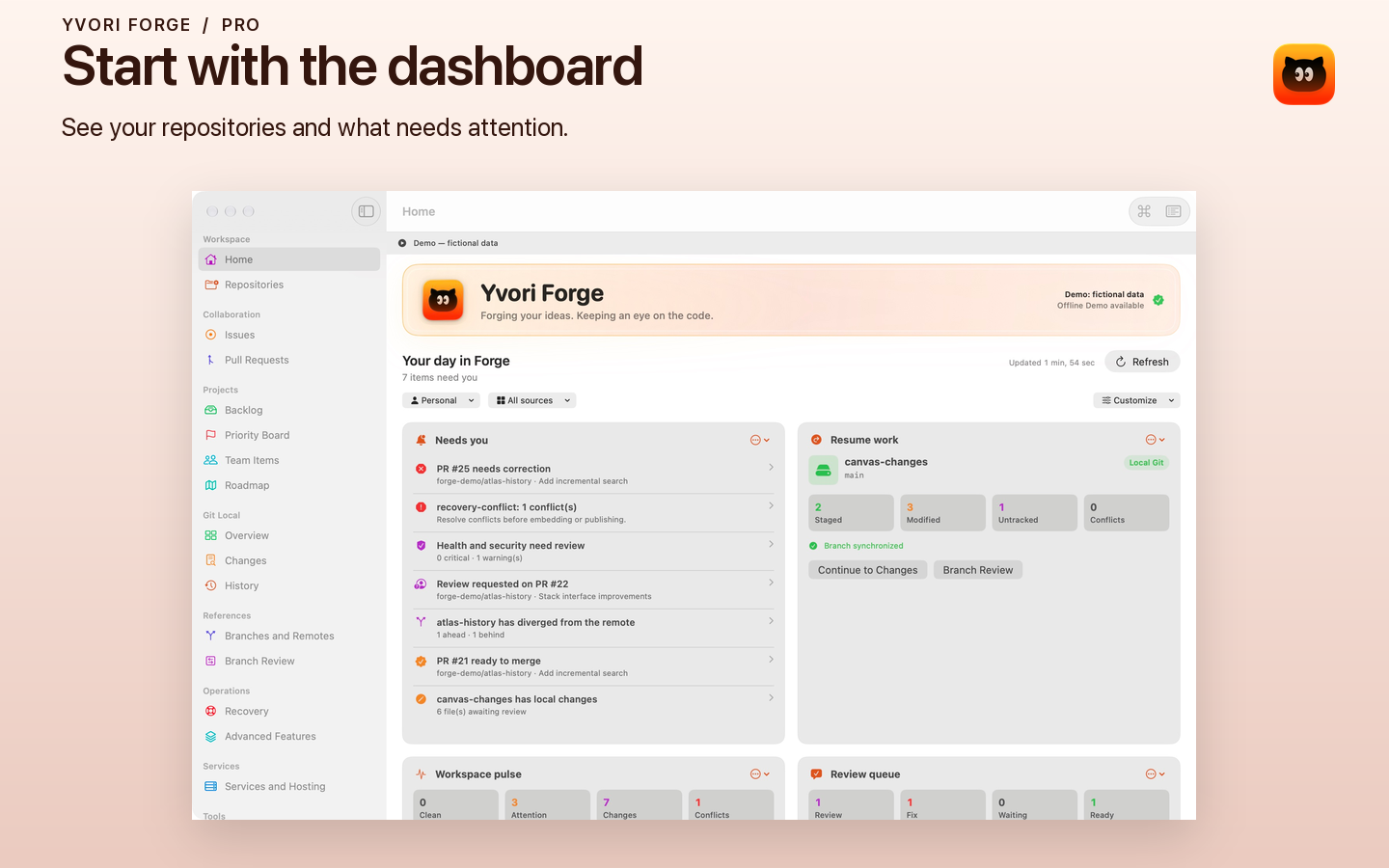 Demo active: Forge dashboard showing fictional repositories.
