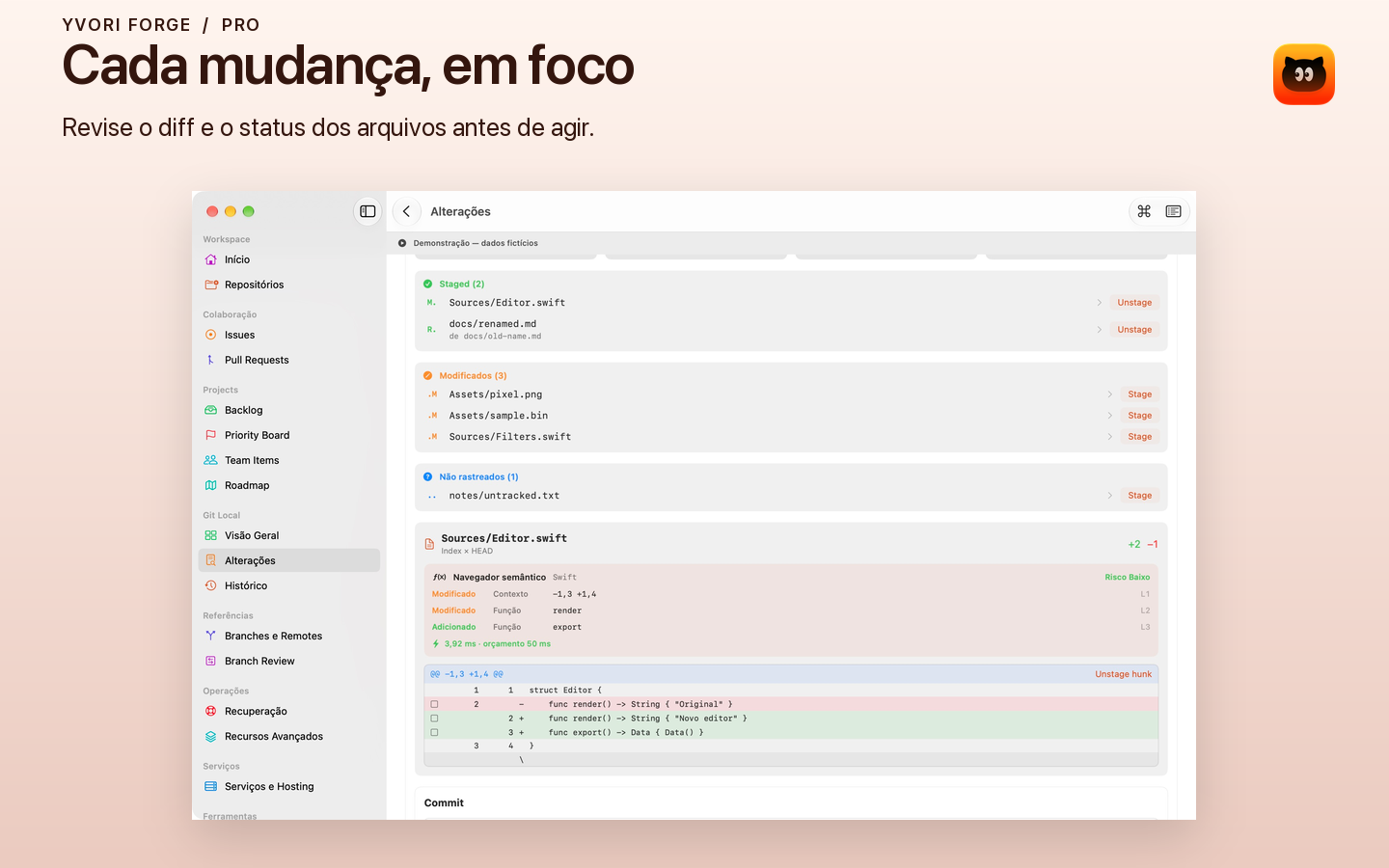 Demonstração ativa: alterações locais do Forge com diff fictício.