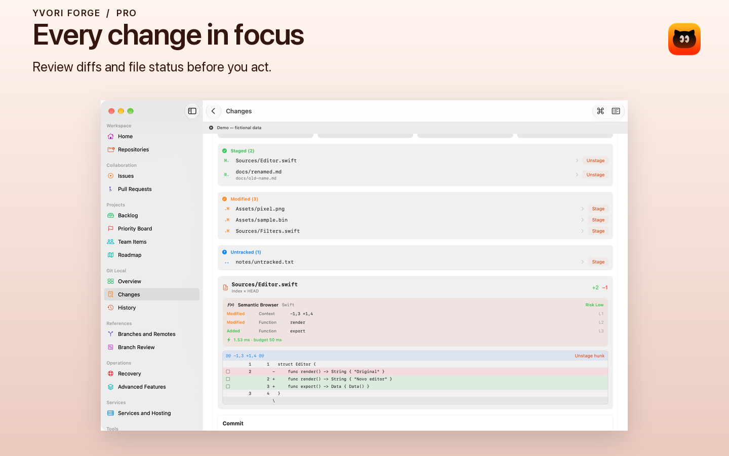 Demo active: Forge local changes with a fictional diff.