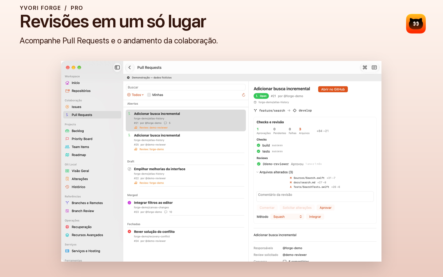 Demonstração ativa: lista fictícia de Pull Requests no Forge.