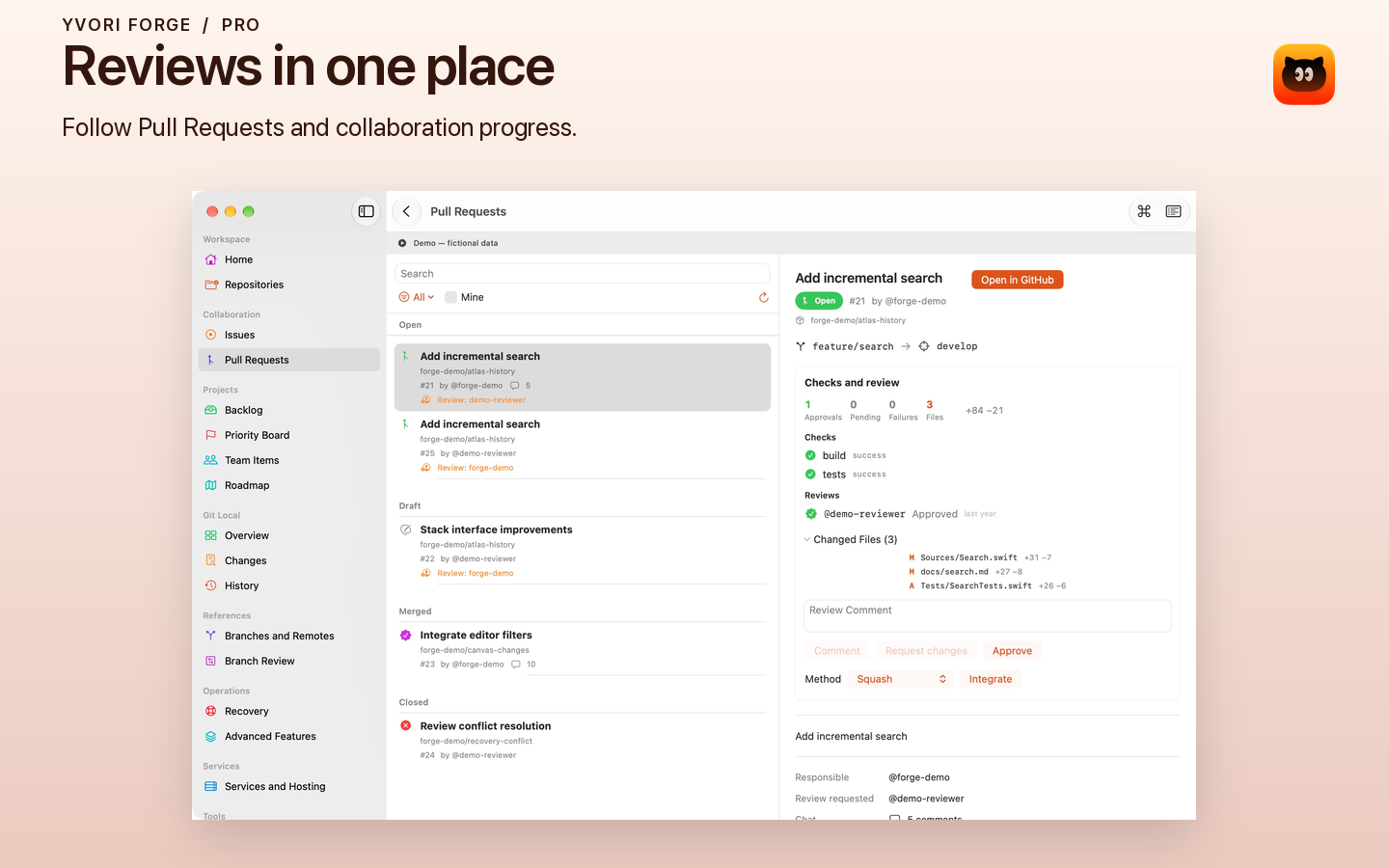 Demo active: fictional Pull Requests list in Forge.