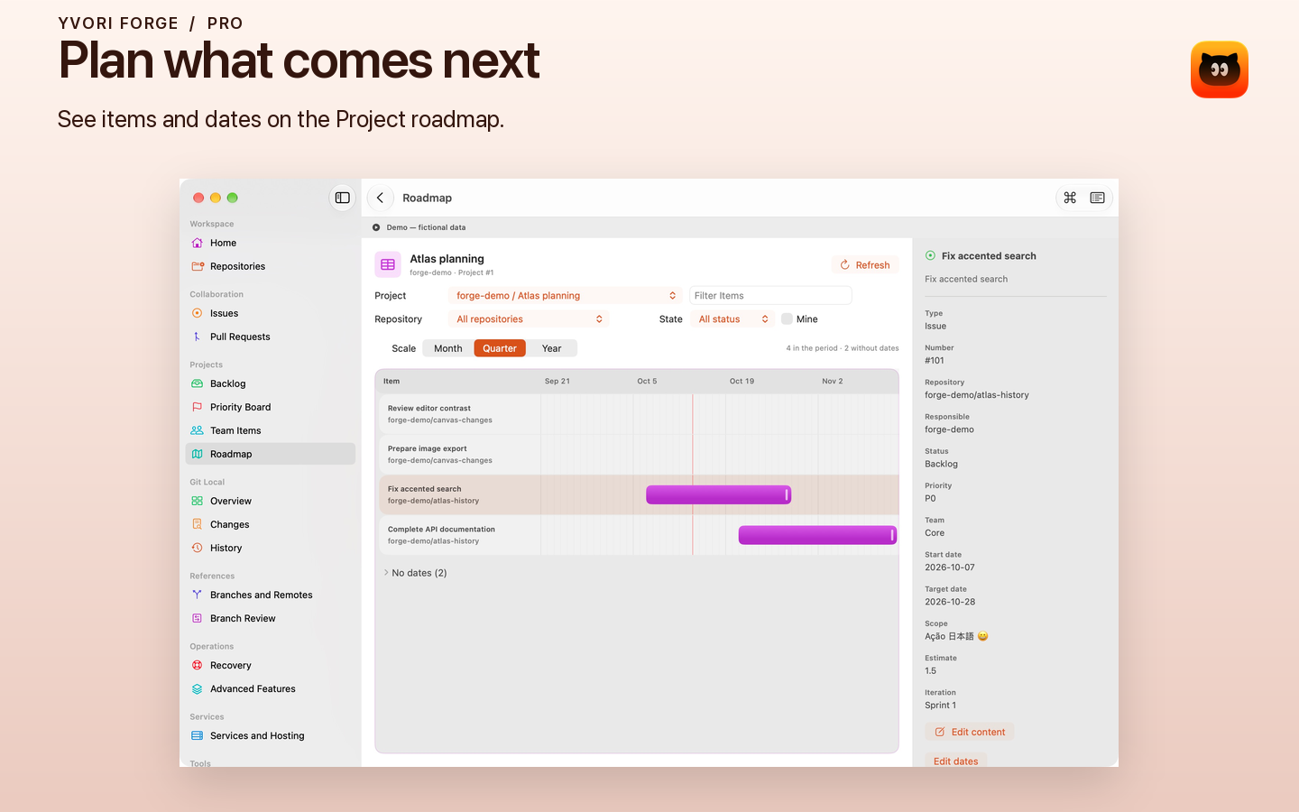 Demo active: Forge roadmap with fictional items and dates.